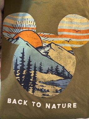 Disney Olive Green Mickey Mouse Graphic Tee with Sunset Accents